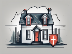 A tied-up house symbolizing "forced sale" with a shield in front of it representing protection