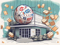 A lottery house with tickets scattered around and a large signboard in the shape of a lottery ball