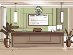 A brazilian notary office (cartório) with a cheque prominently displayed on the counter and a stamp hovering above it
