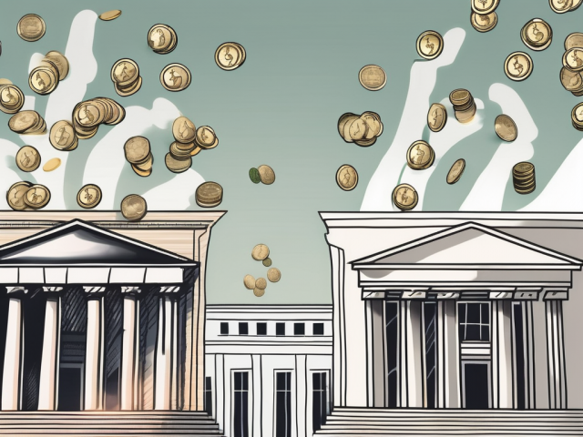 Two different bank buildings with a pathway of dollar signs or coins flowing from one to the other