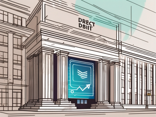 A bank building with a digital screen displaying arrows indicating a direct debit transaction