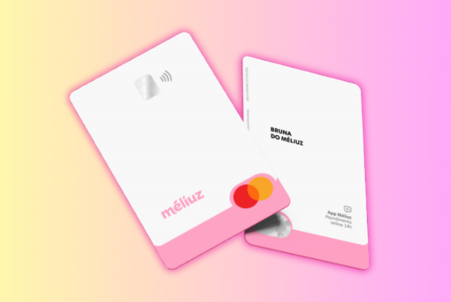 layout do cartão méliuz mastercard internacional em um fundo amarelo e rosa