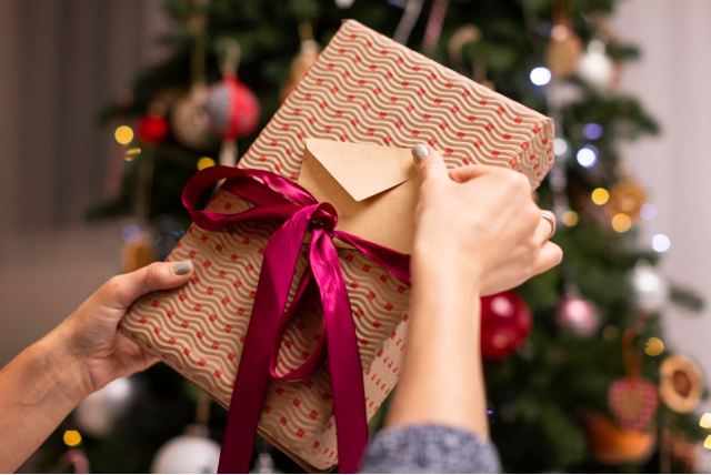 mãos segurando um presente de Natal com árvore ao fundo, representando presentes de natal econômicos