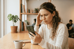 mulher olhando para o celular com expressão de preocupara para ilustrar Como descobrir se minha conta corrente está ativa