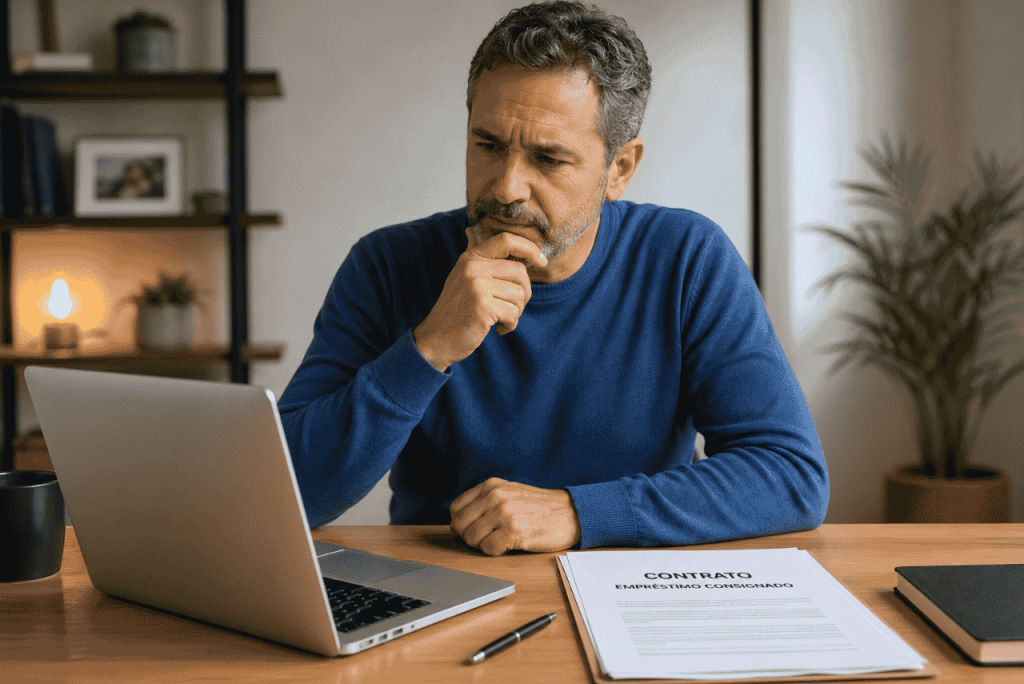 um homem em frente ao computador analisando o contrato do seu Refinanciamento consignado