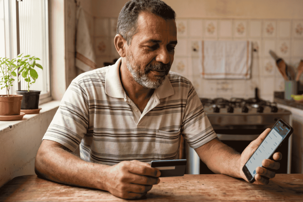 homem sentado em uma mesa segurando um cartão e o celular para ilustrar o campo DAC TED