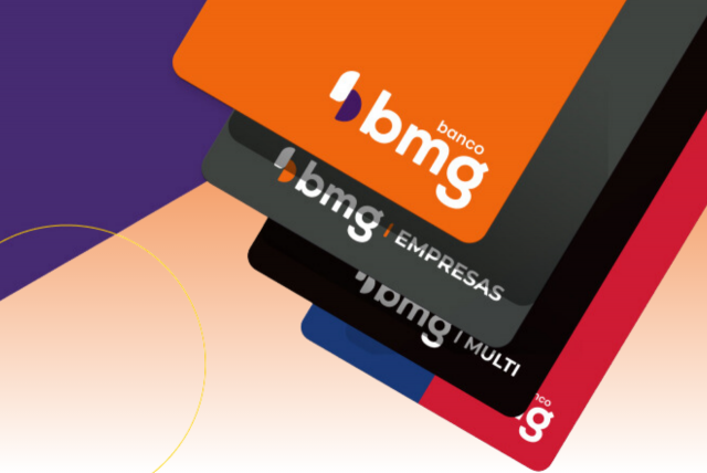 arte com vários cartões bmg empilhados em um fundo roxo e laranja