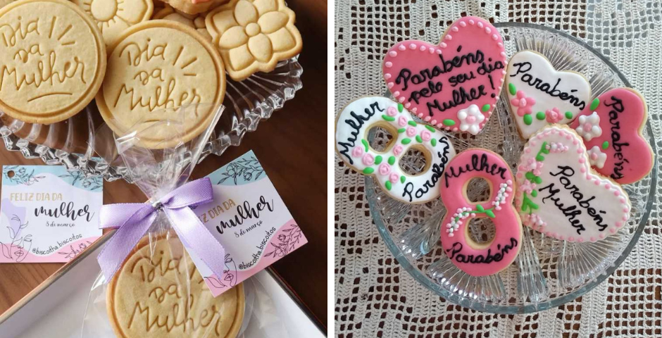 Biscoitos e cupcakes decorados com a temática de Dia da Mulher