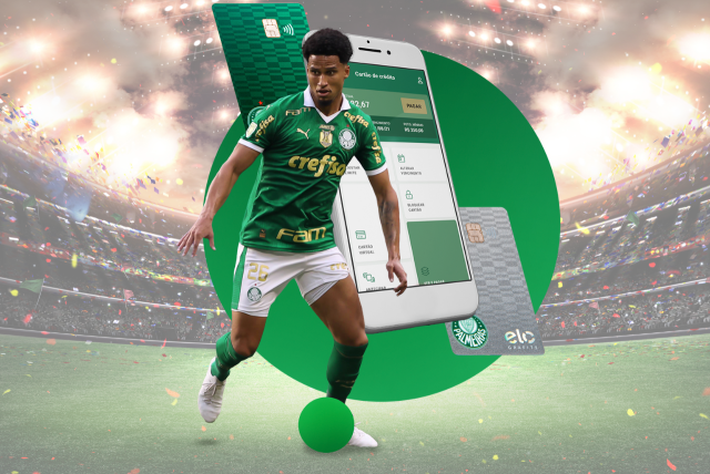 jogador do Palmeiras em destaque e Palmeiras Pay ao fundo