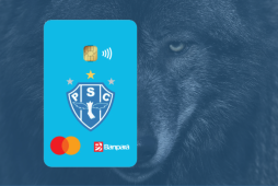 cartão nação bicolor com a imagem de um lobo em azul ao fundo