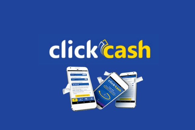logotipo do Empréstimo Pessoal Click Cash ao lado de 3 celulares
