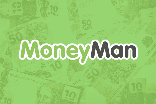 logotipo do empréstimo pessoal moneyman com notas de dinheiro ao fundo