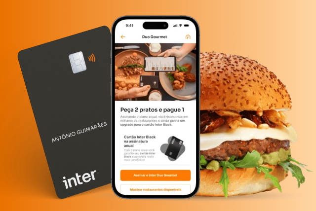 logo inter, cartão black do inter e duo gourmet