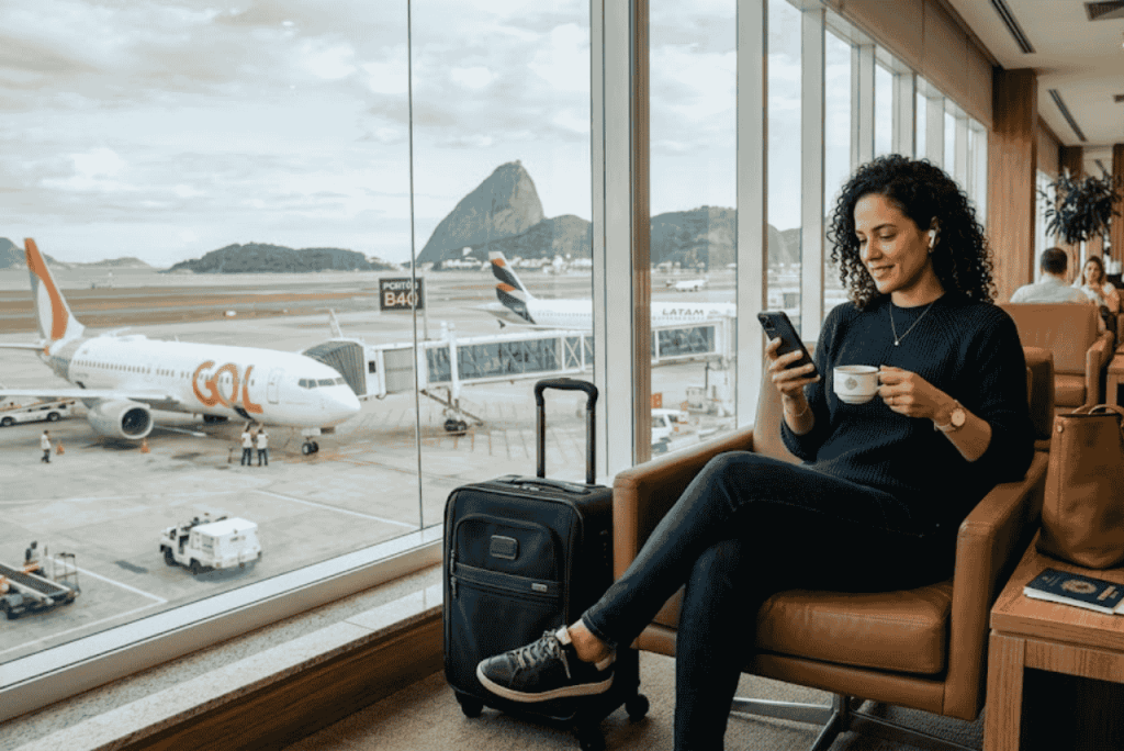 uma mulher esperando seu voo na Sala VIP Galeão