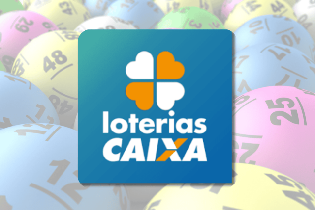 logotipo da loteria online caixa com várias bolas de sorteio ao fundo