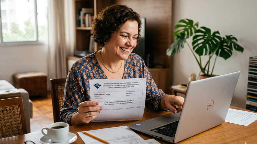 mulher pronta para consultar a restituição do Imposto de Renda 2026