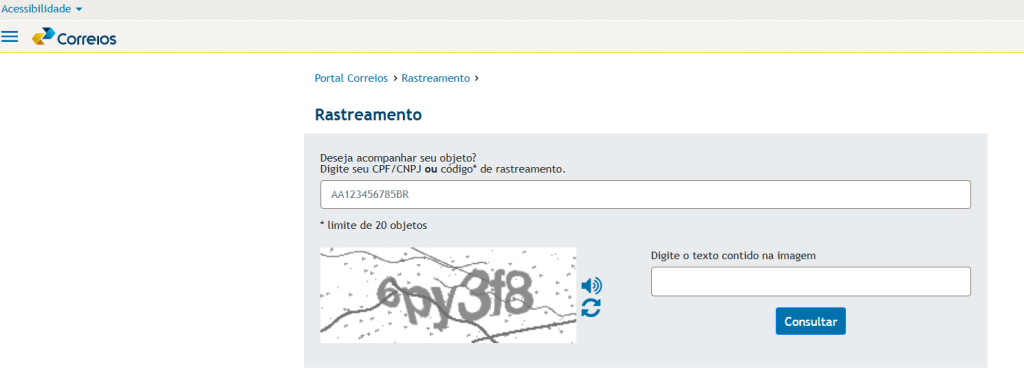 tela site rastreio correios
