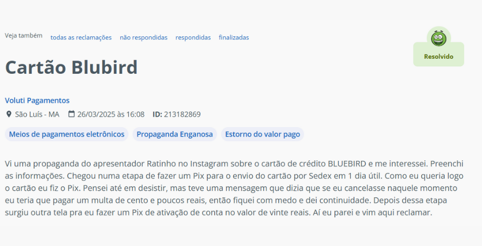 cartão bluebird é golpe