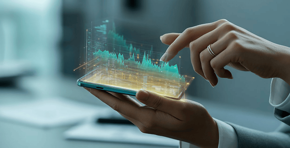 uma pessoa usando um celular mostrando holograma de gráficos para representar uma fintech