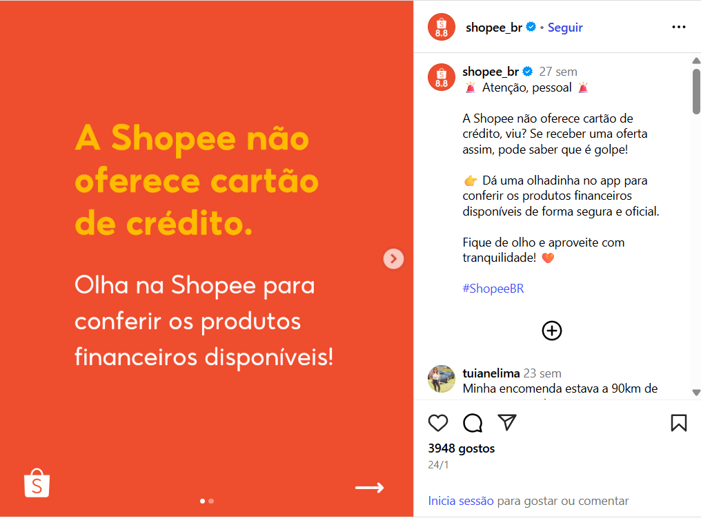 post no Instagram oficial da Shopee informando que não existe cartão Shopee