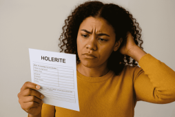 mulher com expressão de dúvida segurando um papel e tentando entender holerite o que é