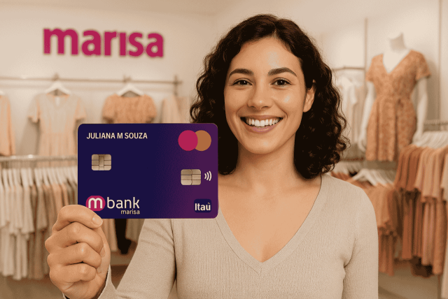 mulher segurando cartão para representar a Marisa 2º via fatura