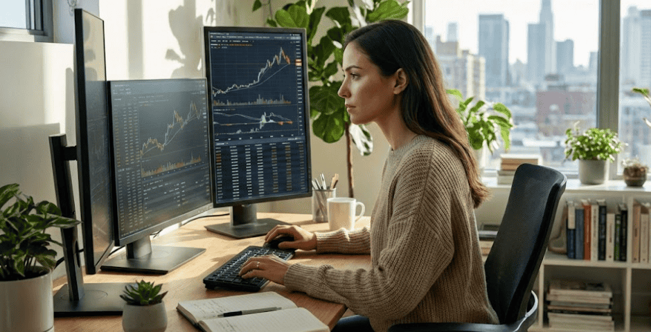 mulher fazendo trade no computador