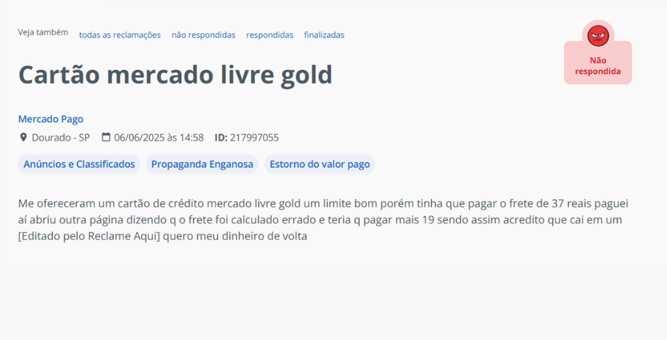 golpe cartão mercado livre gold reclame aqui