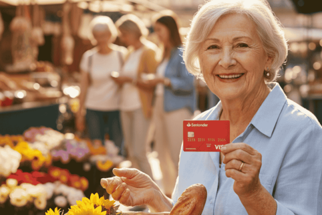idosa feliz segurando o Cartão Santander Consignado