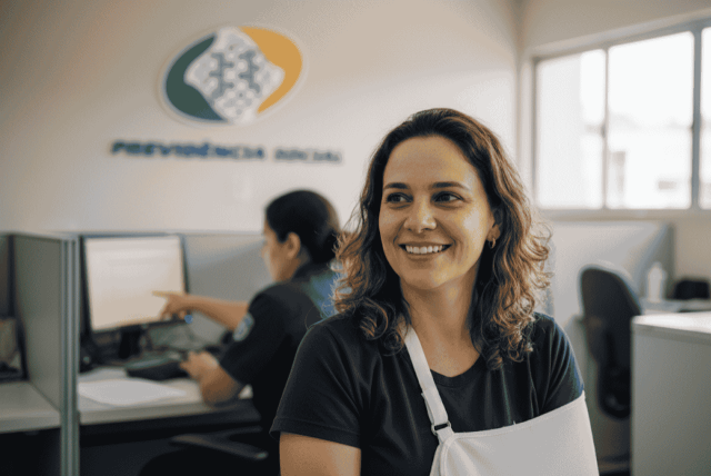 mulher sorrindo em uma agência do INSS representando como funciona o afastamento pelo inss