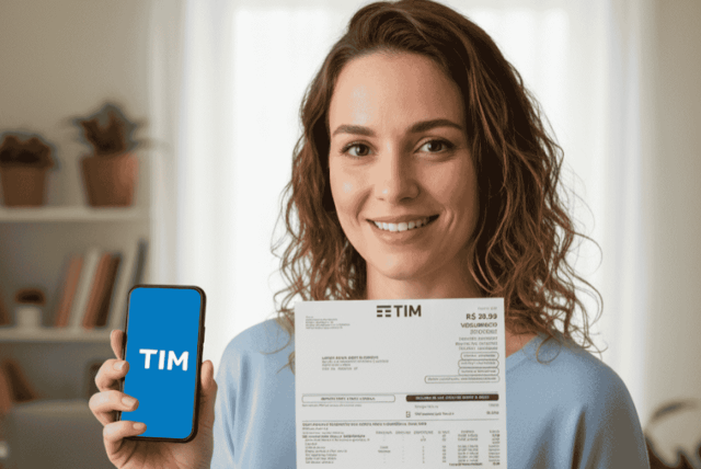 mulher segurando uma fatura tim e um celular