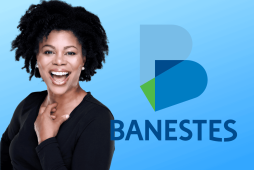 logo do banestes ao lado de uma mulher sorrindo para representar o Programa de Fidelidade Banestes