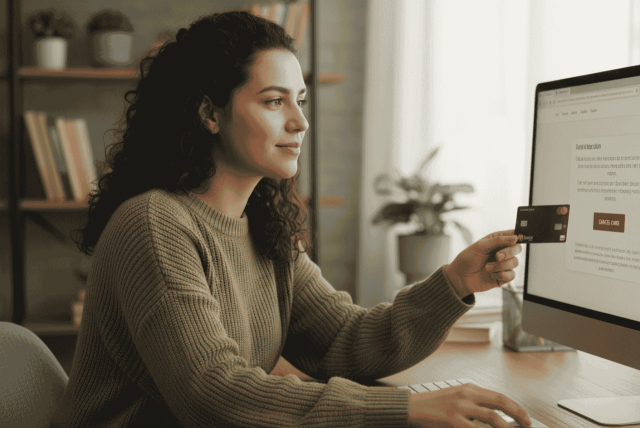 mulher no computador fazendo o cancelamento do cartão marisa