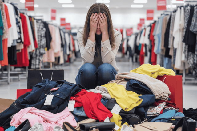 mulher com expressão de arrependida em frente a várias compras para representar se posso cancelar uma compra no cartão de crédito por arrependimento