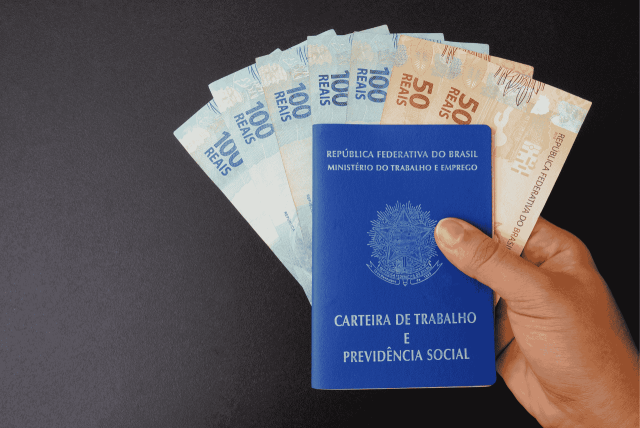 mão segurando carteira de trabalho e dinheiro para representar quem tem direito a 6 parcelas do seguro-desemprego