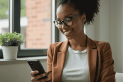 mulher usando celular para acessar melhores aplicativos de empréstimo de dinheiro