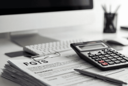 mesa com papéis e calculadora para representar Como é descontado o empréstimo do saque aniversário