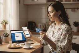 mulher segurando um celular representando Como pagar boleto com cartão de crédito