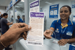 pessoa entregando um canhoto na lotérica para representar a Tabela de preço da quina