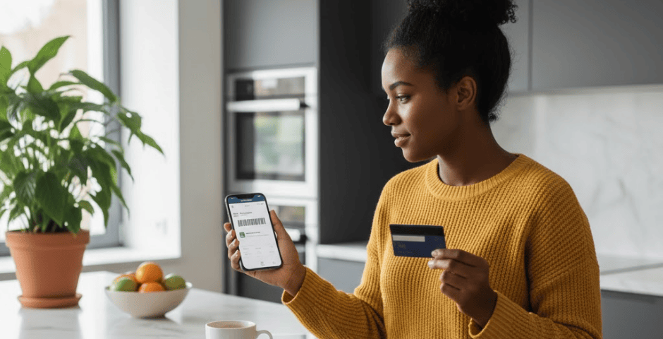 mulher pagando boleto com o cartão de crédito