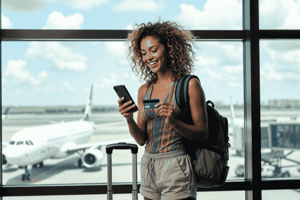 mulher no aeroporto segurando um celular indicando se o Cartão de crédito substitui seguro-viagem