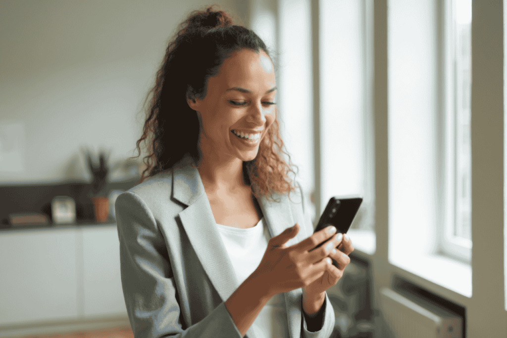 uma mulher solicitando um Empréstimo com garantia de celular Samsung