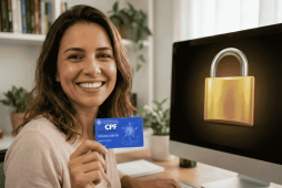 mulher em frente ao computador segurando um CPF para representar Quanto custa para blindar o CPF