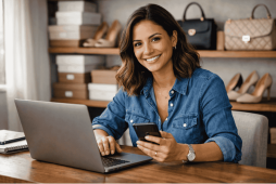 mulher usando computador com calçados ao fundo representando ganhe dinheiro revendendo calçados e acessórios online