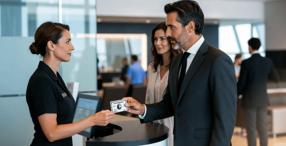 homem usando bandeira de cartão premium para entrar em sala VIP