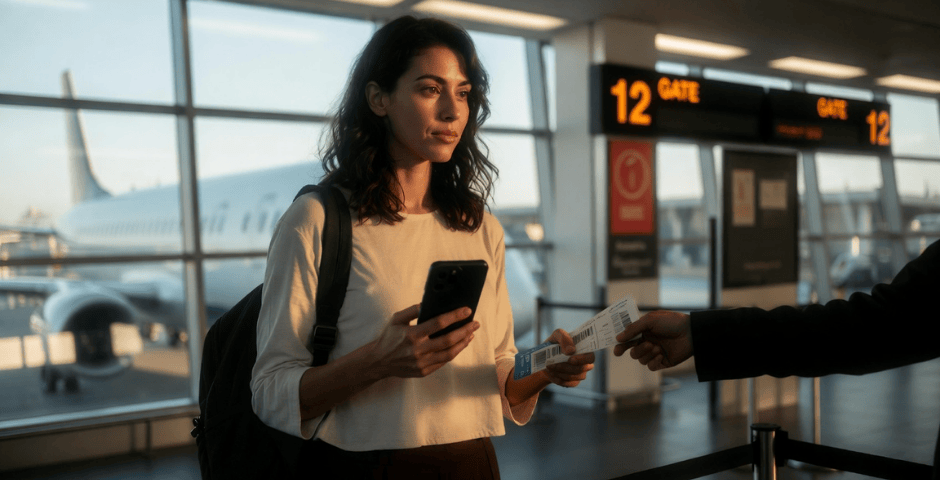 mulher embarcando após contratar um seguro-viagem do cartão de crédito