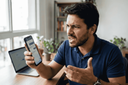 homem nervoso com o celular na mão por conta dos Bancos digitais com mais reclamações