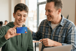 Jovem ao lado do pai segurando o Cartão Porto Bank para crianças