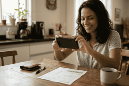 Mulher sorridente em uma cozinha usando a câmera traseira do smartphone para aprender como pagar boleto pelo celular