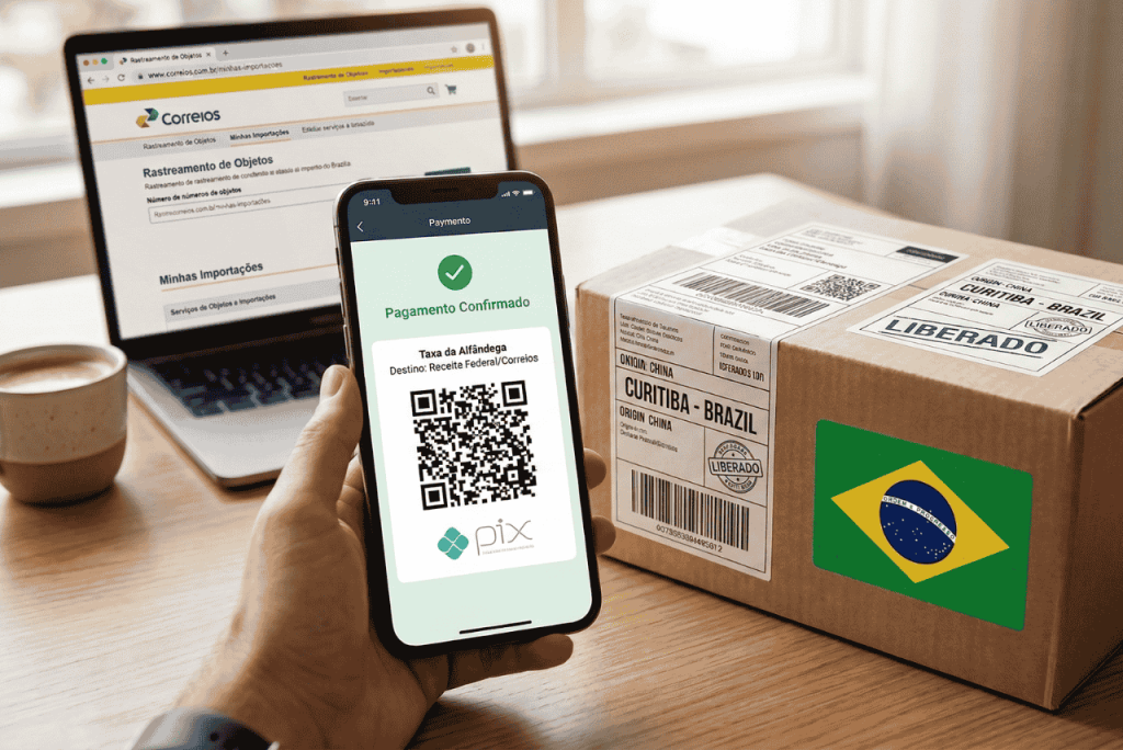 uma pessoa usando o site dos correios e o celular descobrindo Como pagar taxa da alfândega